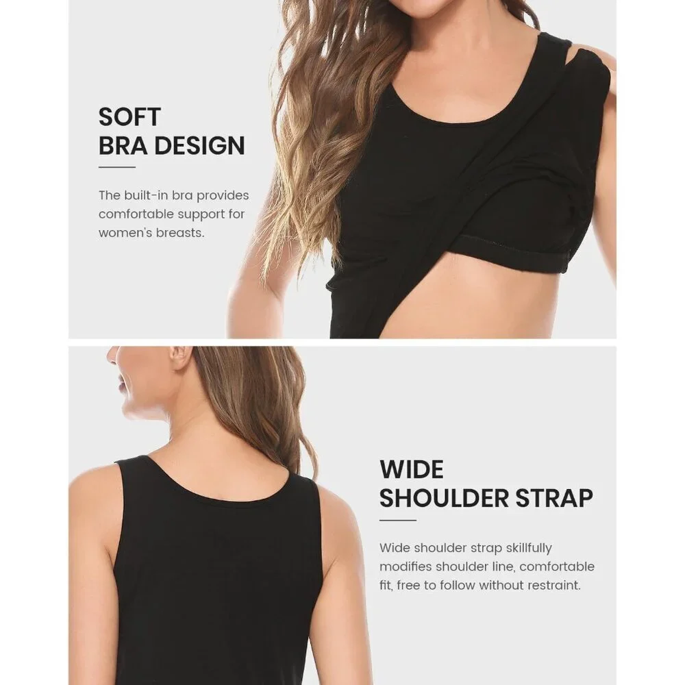 Women's Cotton Tank Tops Built-in Bra Layering Undershirt Pack of 3